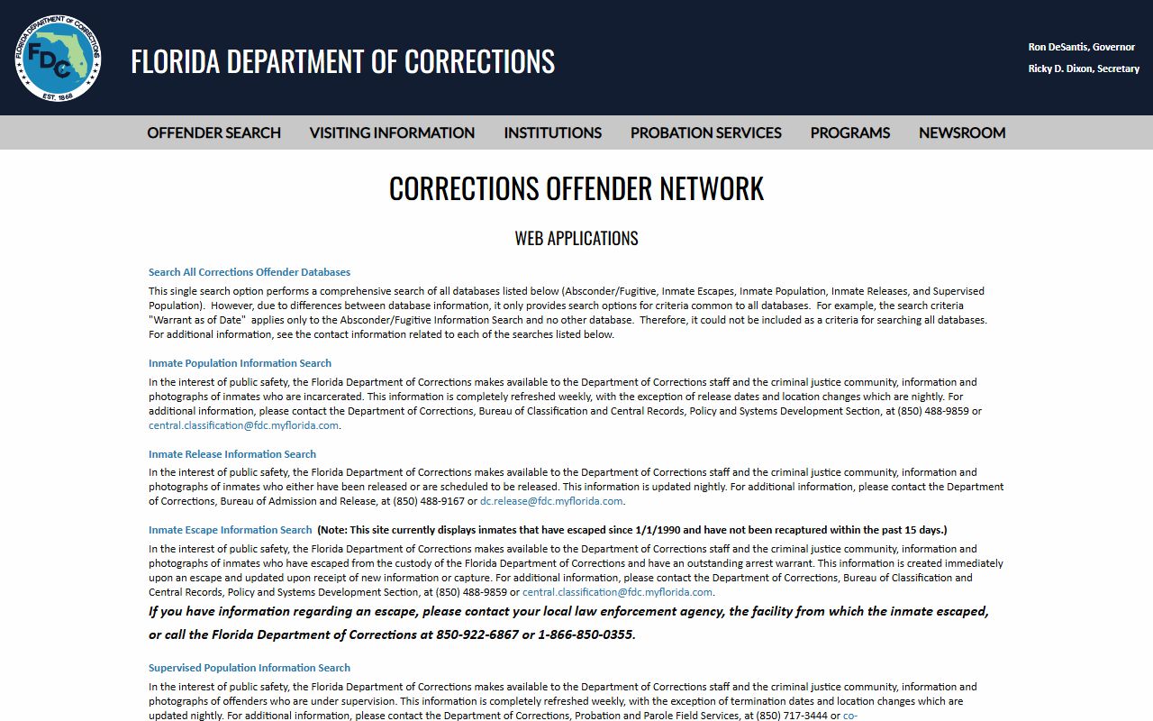 Florida Department of Corrections offender search menu for the state prison inmate population