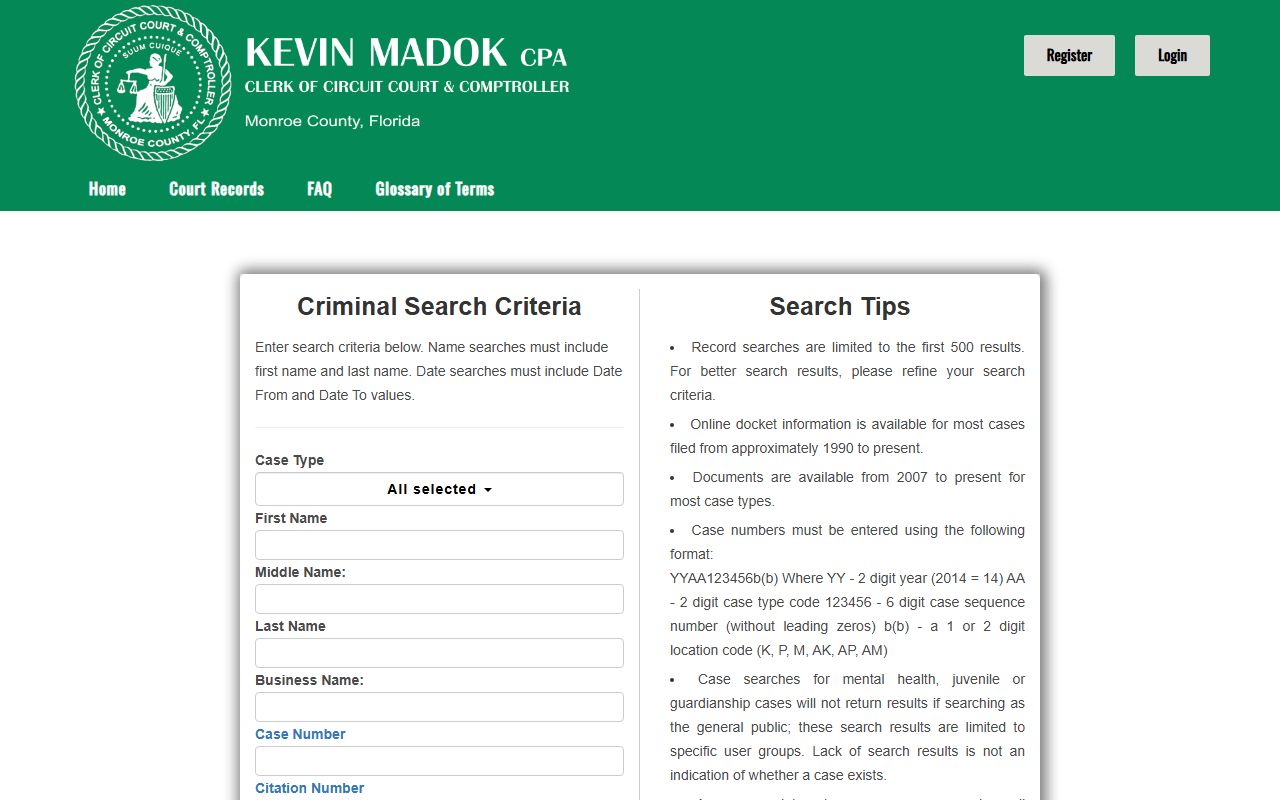 Monroe County clerk criminal case search page used to look up court records after a jail arrest