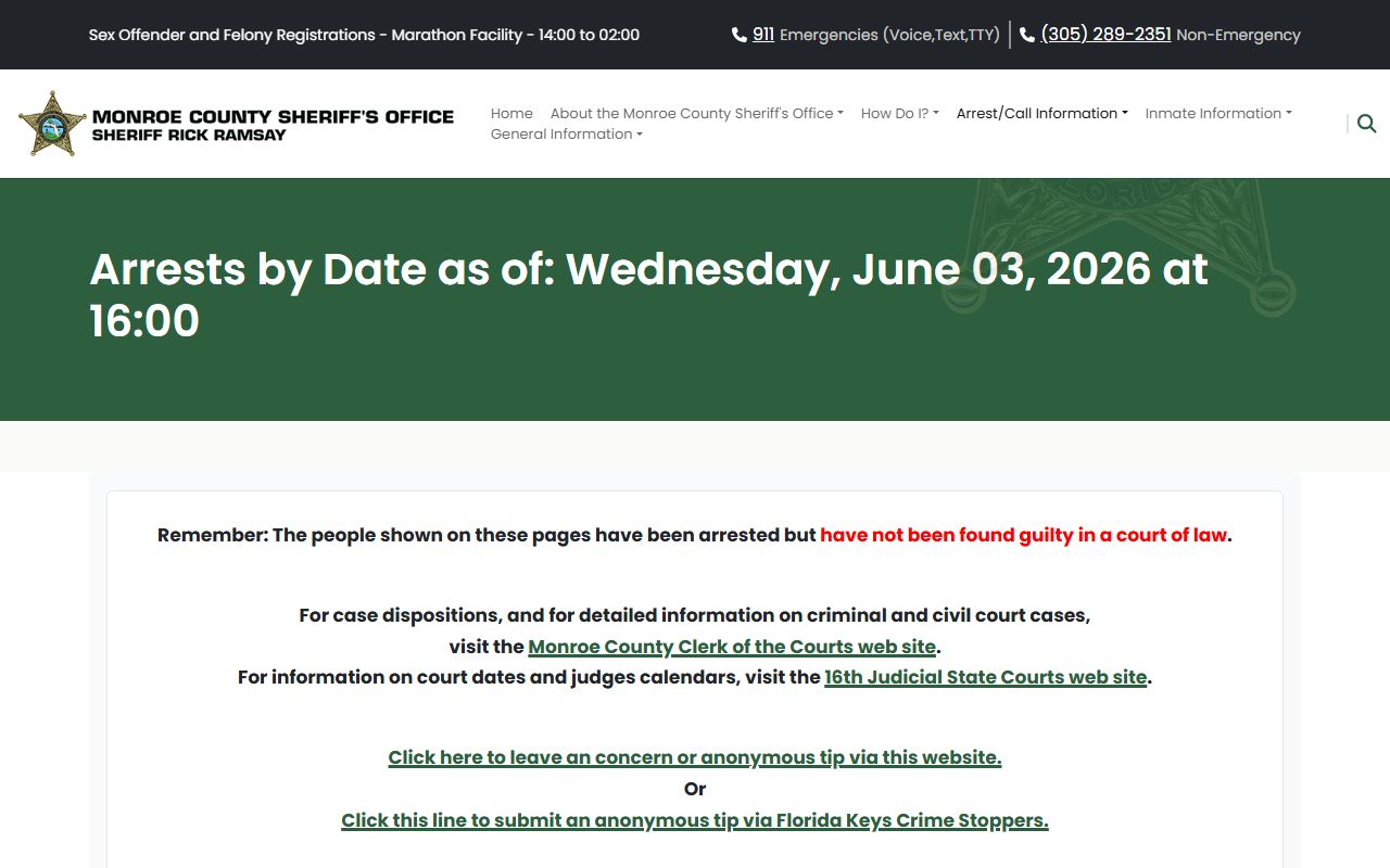 Monroe County current arrests page showing booking photo thumbnails and arrest entries