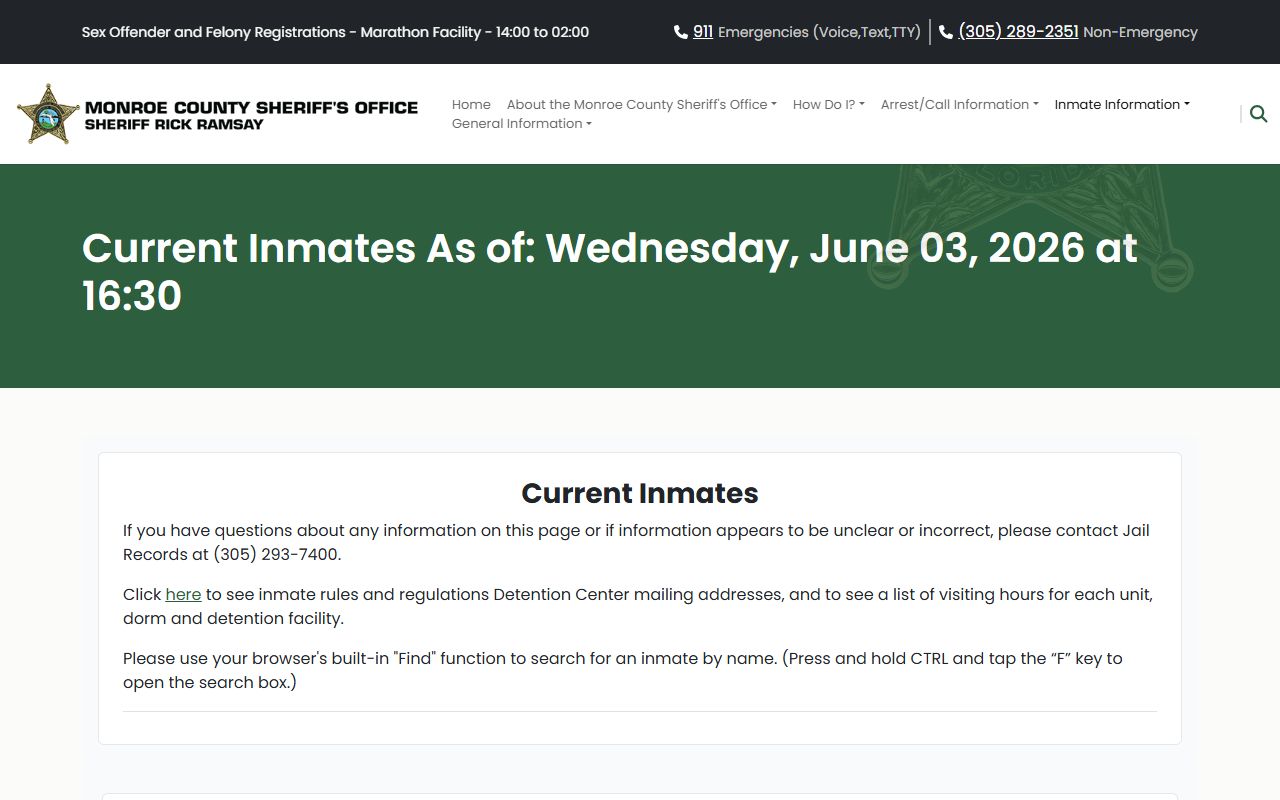 Monroe County current inmate roster page showing the inmate population table