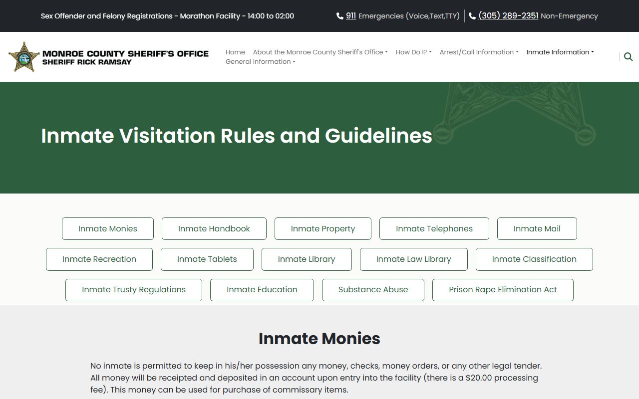 Monroe County jail rules page showing procedures that apply to the Monroe County Marathon Detention Facility