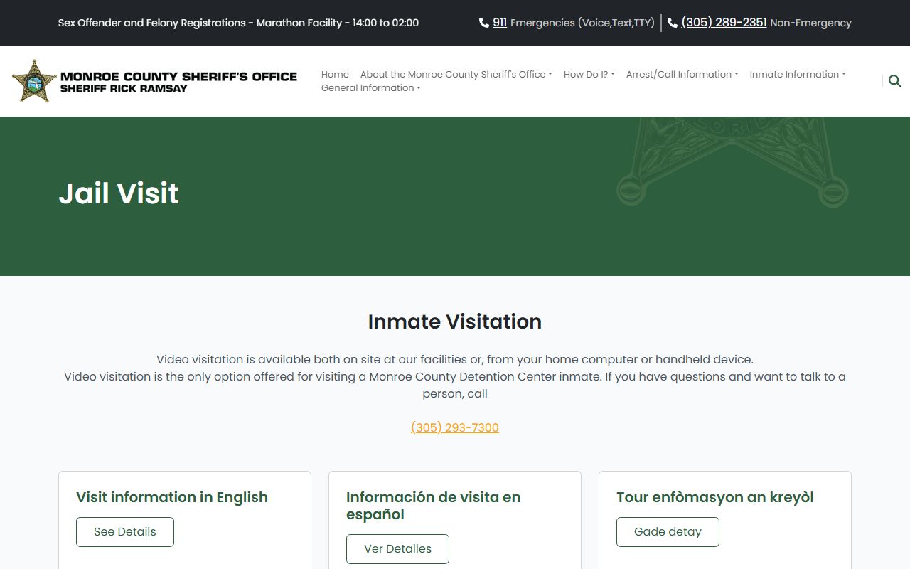 Monroe County jail visit page showing visitation rules and scheduling for the Monroe County Plantation Key Detention Facility