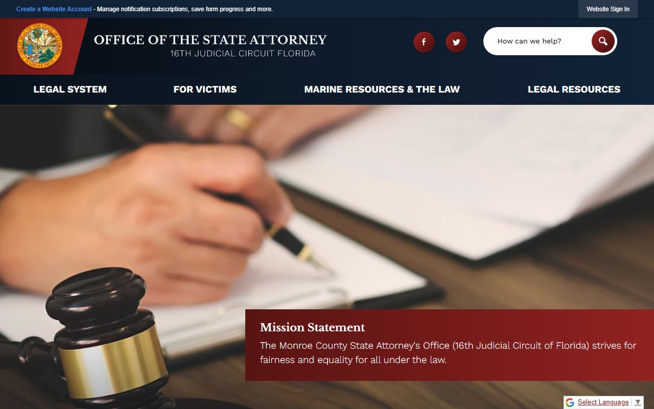 Monroe County State Attorney Office homepage showing court records and arrest prosecution contact for the 16th Judicial Circuit