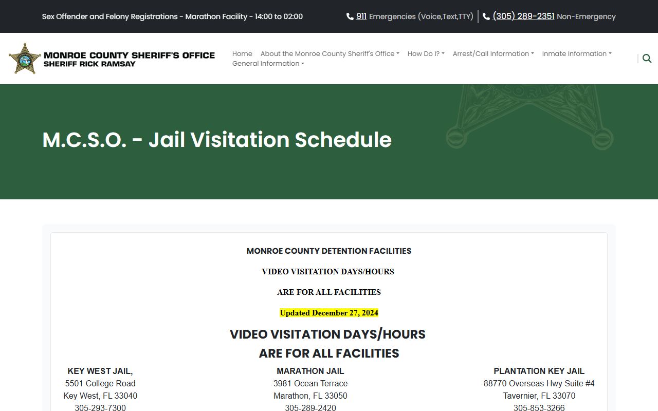 Monroe County visitation hours page showing the schedule for the Monroe County Key West Detention Center